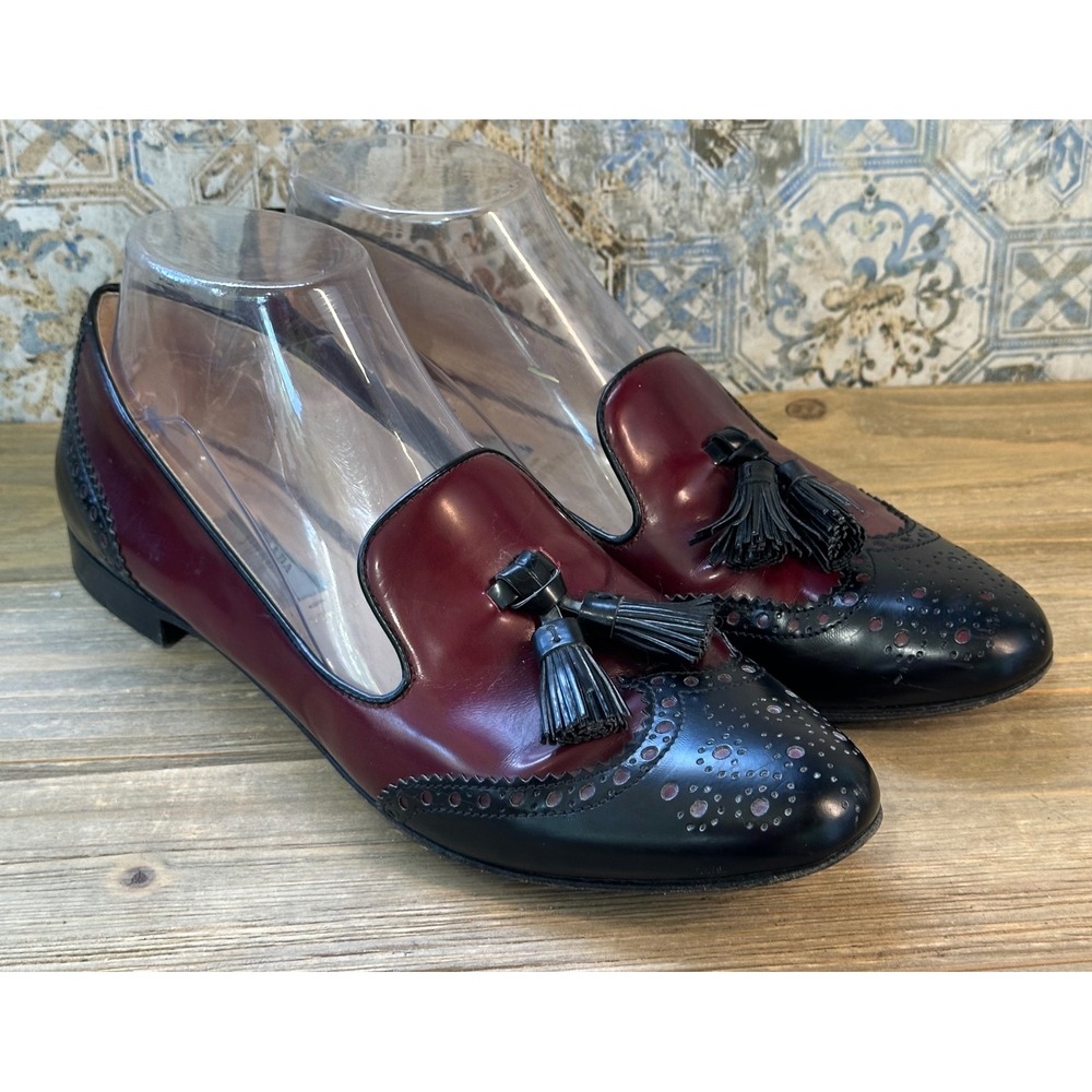 Prada Loafers Tassel Wingtip Brogue Shoes Flats Women 38.5 / 7.5 Burgundy Black
